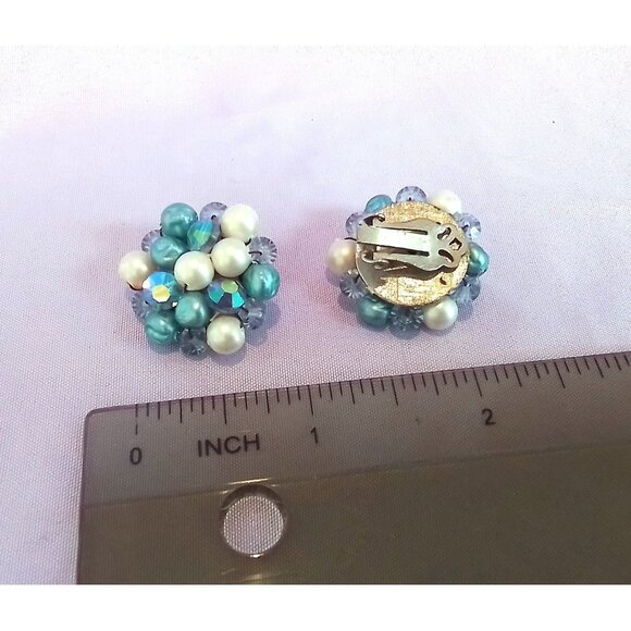 Vintage Cluster Clip-On Earrings with Faux Pearls & Blue Beads - Picture 3 of 3